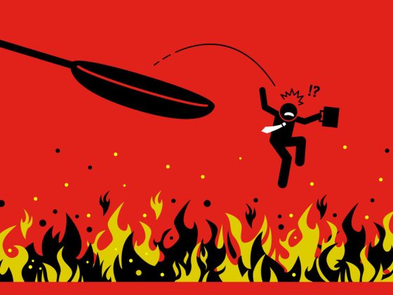 Out of the frying pan and into the fire. Vector artwork concept depicts a businessman making mistake by trying to get out from danger but fell into a far worse situation.